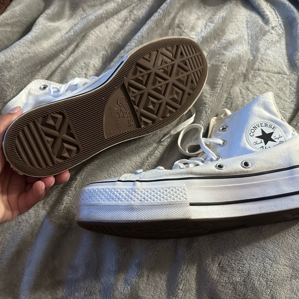 Converse White High Top Canvas Sneakers with Black Trim - Picture 2 of 4